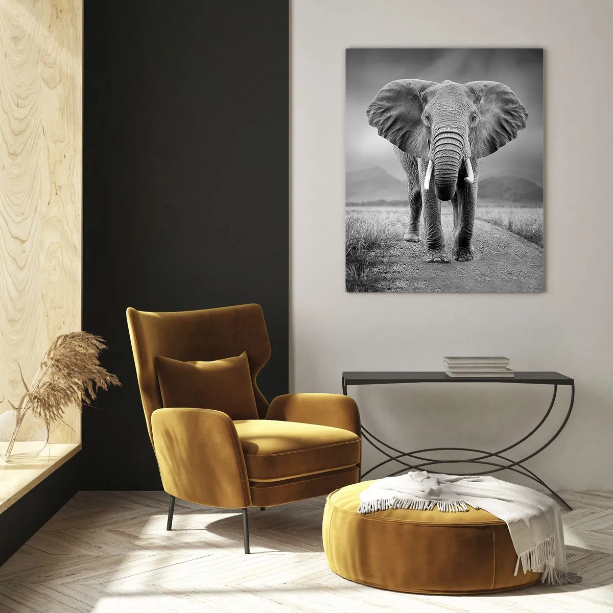 Quadro su vetro - Un possente elefante nella savana in toni monocromatici - 70x100cm - Il padrone di casa dà il benvenuto - Decorazione murale moderna per soggiorno e camera da letto ARTTOR