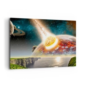 Quadro su tela - Stampe su Tela - Un meteorite si scontra con un pianeta in un paesaggio cosmico. - 100x70cm - Dramma cosmico - Decorazione murale moderna per soggiorno e camera da letto ARTTOR