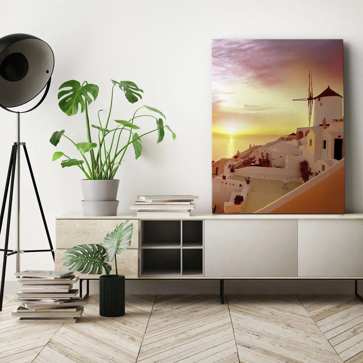 Quadro su tela - Stampe su Tela - Santorini al tramonto con un mulino a vento - 50x70cm - Sciogliersi nel bianco e nell'oro - Decorazione murale moderna per soggiorno e camera da letto ARTTOR