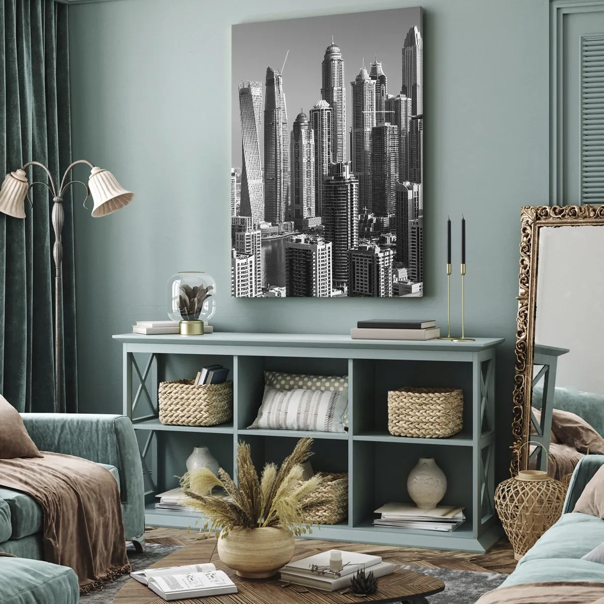 Quadro su tela - Stampe su Tela - Panorama di grattacieli moderni in toni monocromatici - 50x70cm - La città sul deserto - Decorazione murale moderna per soggiorno e camera da letto ARTTOR