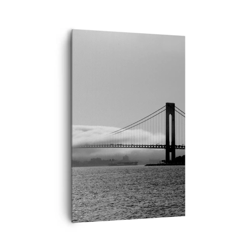 Quadro su tela - Stampe su Tela - Un ponte sull'acqua avvolto nella nebbia in uno scatto in bianco e nero - 80x120cm - Navigare attraverso la Porta d'Oro - Decorazione murale moderna per soggiorno e camera da letto ARTTOR