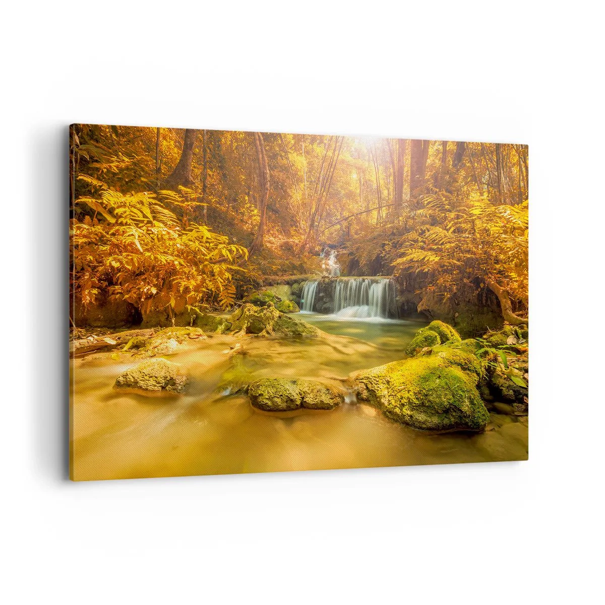 Quadro su tela - Stampe su Tela - Una cascata dorata in una foresta autunnale circondata dal verde - 100x70cm - Cascata boschiva in oro - Decorazione murale moderna per soggiorno e camera da letto ARTTOR