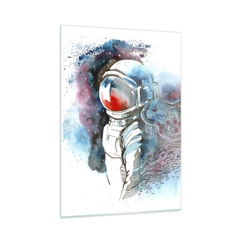 Quadro su vetro - Astronauta in un ambiente spaziale dinamico ad acquerello - 50x70cm - Da solo nel cosmo - Decorazione murale moderna per soggiorno e camera da letto ARTTOR