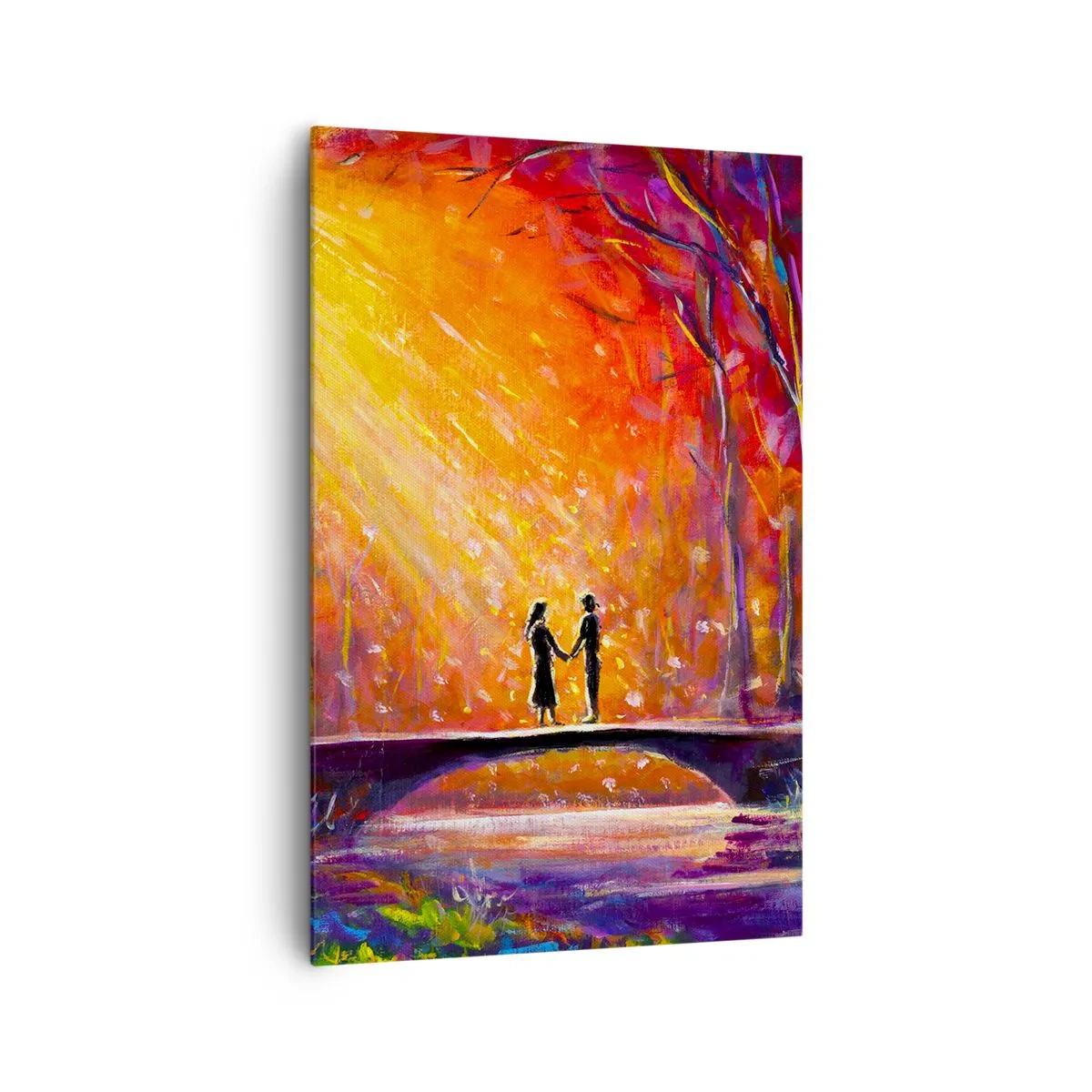 Quadro su tela - Stampe su Tela - Coppia romantica su un ponte nella foresta autunnale - 80x120cm - Anche il cielo li ama - Decorazione murale moderna per soggiorno e camera da letto ARTTOR