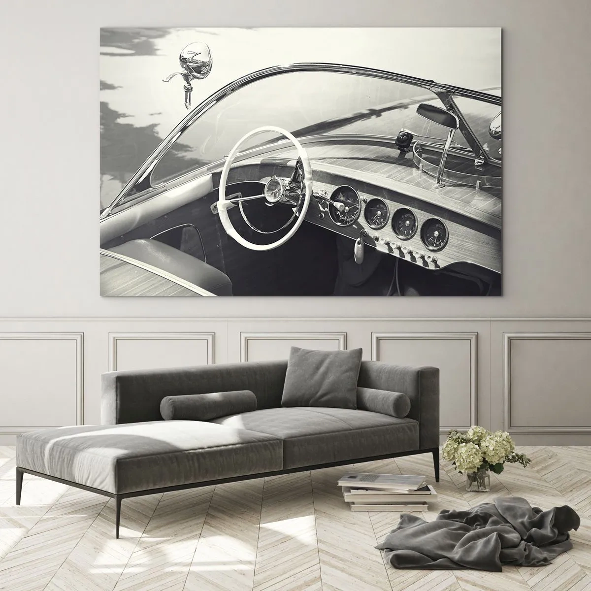 Quadro su vetro - Abitacolo di un'auto d'epoca in bianco e nero - 70x50cm - Il ricco e il povero - Decorazione murale moderna per soggiorno e camera da letto ARTTOR