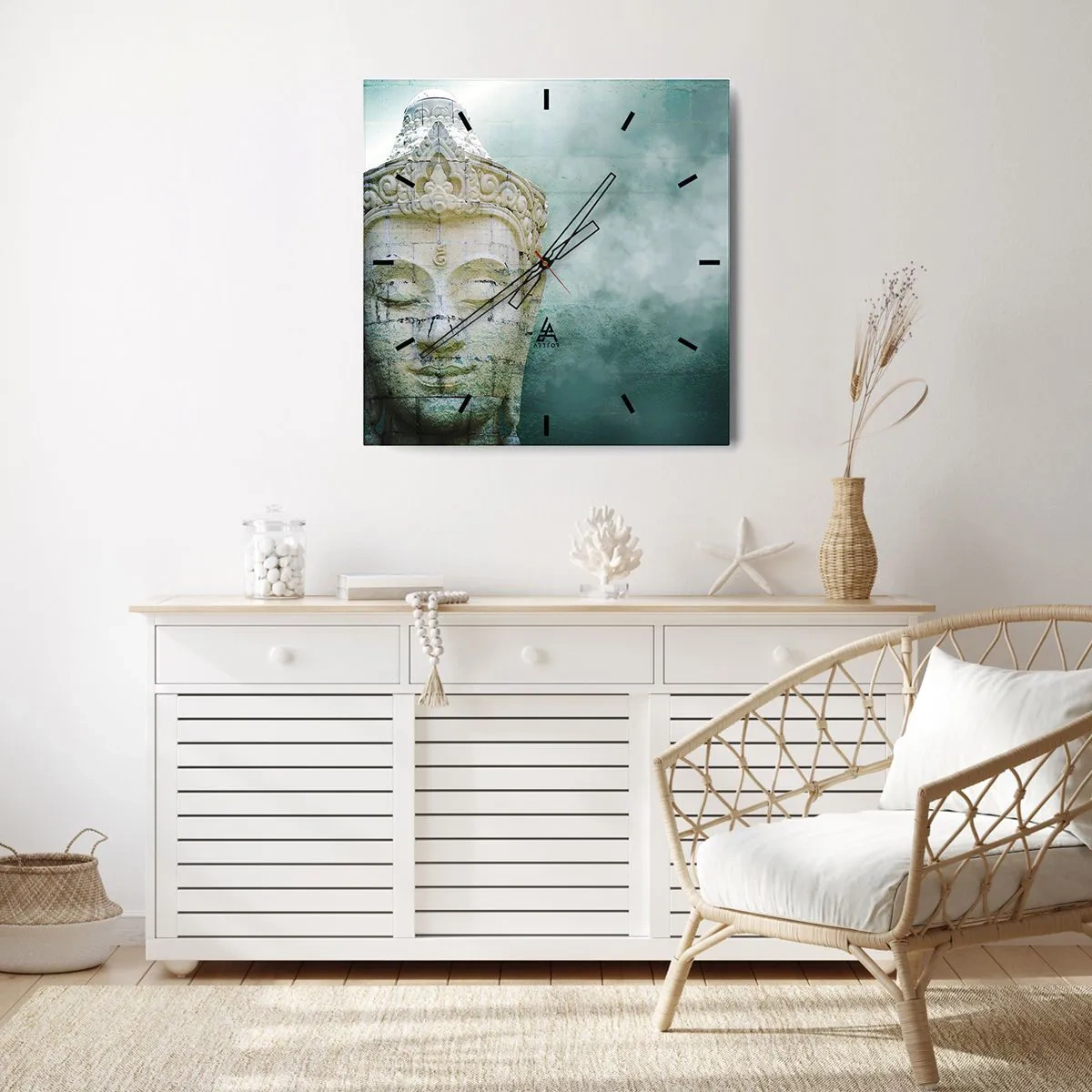 Orologio da parete - Orologio in Vetro - Statua del Buddha con una leggera nebbia su uno sfondo verde - 30x30cm - Cercando la luce - Decorazione murale moderna per soggiorno e camera da letto ARTTOR