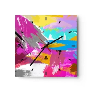 Orologio da parete - Orologio in Vetro - Astrazione dinamica in colori intensi - 30x30cm - Pennellata dopo pennellata - Decorazione murale moderna per soggiorno e camera da letto ARTTOR