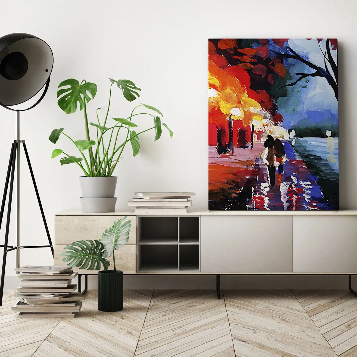 Quadro su tela - Stampe su Tela - Una passeggiata autunnale lungo il sentiero che domina l'acqua - 80x120cm - Autunno infuocato nel parco - Decorazione murale moderna per soggiorno e camera da letto ARTTOR