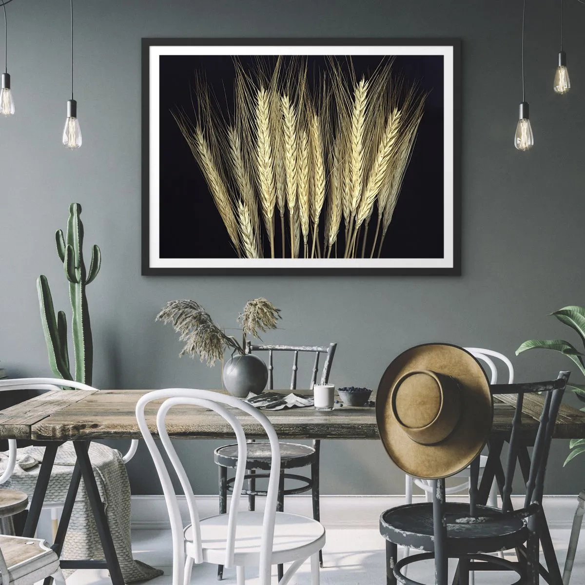 Poster in cornice nera - Spighe di grano su sfondo nero in stile rustico - 70x50cm - Magia rustica - Decorazione murale moderna per soggiorno e camera da letto ARTTOR
