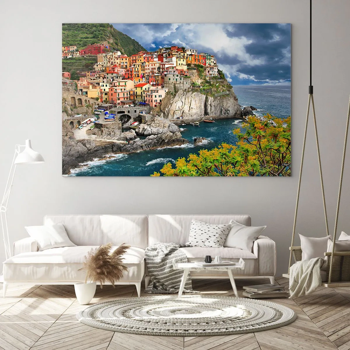 Quadro su vetro - Una città colorata su una scogliera in riva al mare - 70x50cm - Aggrappate alla roccia - Decorazione murale moderna per soggiorno e camera da letto ARTTOR