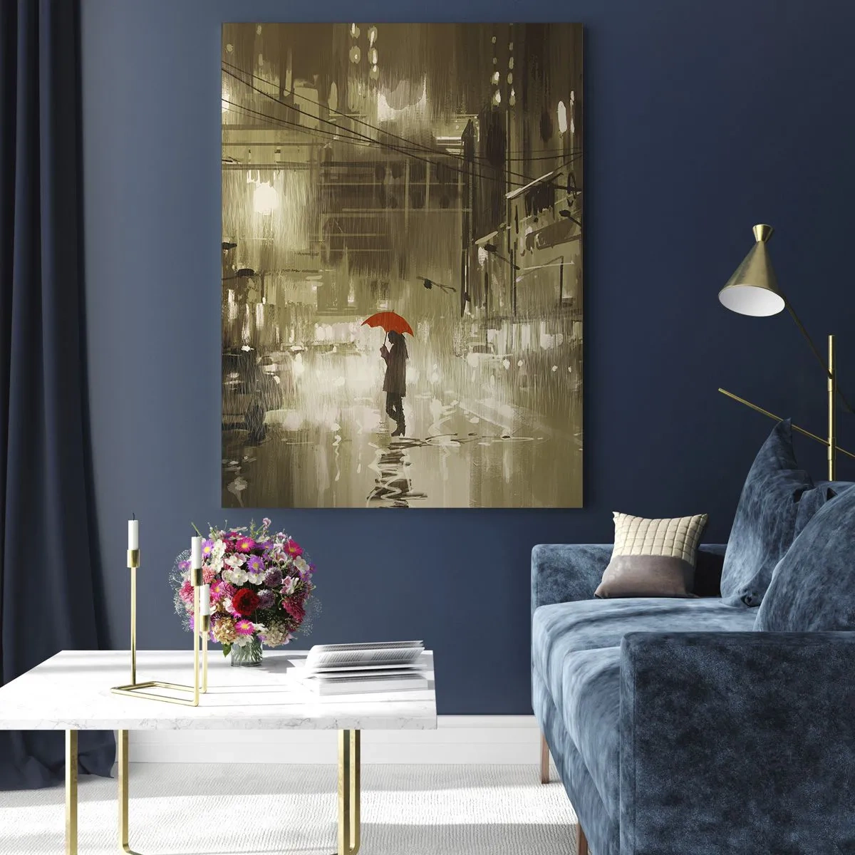 Quadro su vetro - Una figura con un ombrello rosso in una città piovosa - 70x100cm - Sola ma non solitaria - Decorazione murale moderna per soggiorno e camera da letto ARTTOR