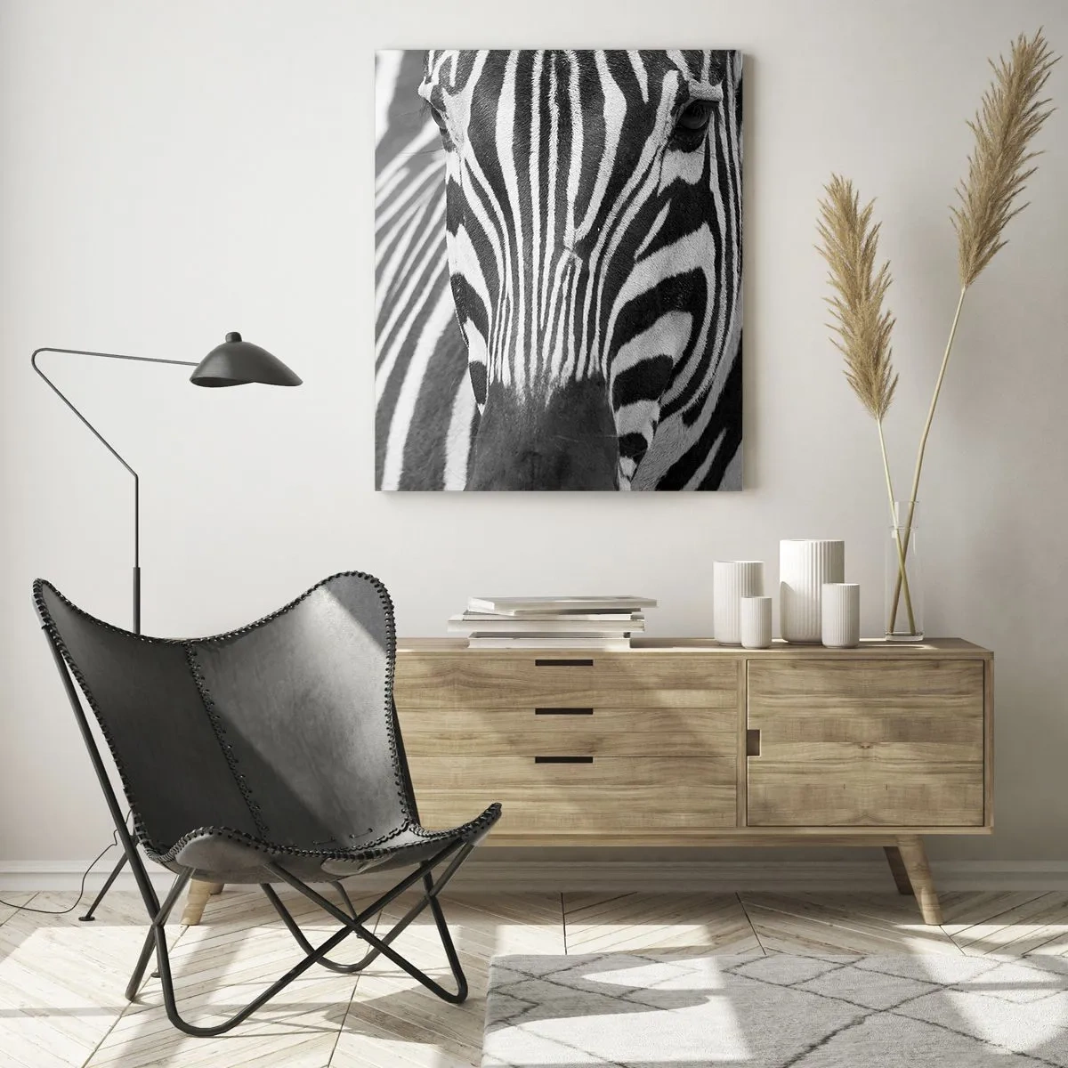 Quadro su vetro - Ritratto in bianco e nero di una zebra con strisce visibili - 50x70cm - Il mondo è in bianco e nero - Decorazione murale moderna per soggiorno e camera da letto ARTTOR