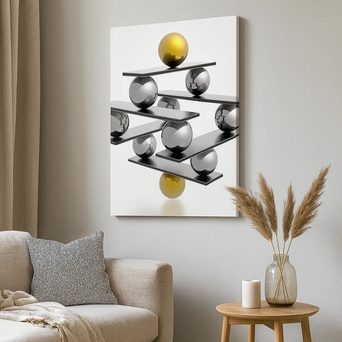 Quadro su tela - Stampe su Tela - Composizione geometrica con sfere metalliche e accenti dorati - 50x70cm - Equilibrio oro e argento - Decorazione murale moderna per soggiorno e camera da letto ARTTOR