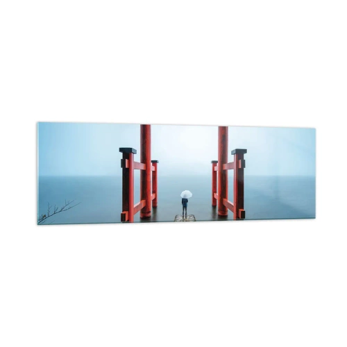 Quadro su vetro - Un cancello torii che si affaccia su un tranquillo lago in Giappone - 160x50cm - Meditazione giapponese - Decorazione murale moderna per soggiorno e camera da letto ARTTOR