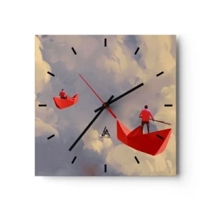 Orologio da parete - Orologio in Vetro - Barche di carta rossa che galleggiano tra le nuvole - 30x30cm - La spedizione dei sognatori - Decorazione murale moderna per soggiorno e camera da letto ARTTOR