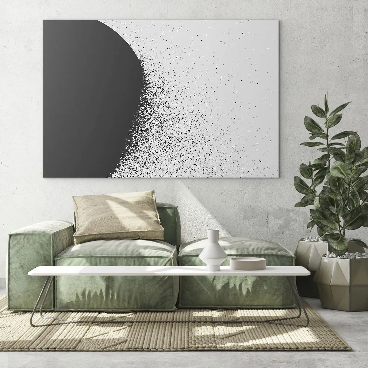 Quadro su vetro - Astrazione di una massa nera che cade a pezzi su uno sfondo bianco - 70x50cm - Il movimento delle particelle - Decorazione murale moderna per soggiorno e camera da letto ARTTOR