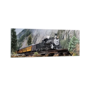 Quadro su vetro - Una locomotiva a vapore su un ponte in un pittoresco paesaggio montano - 140x50cm - Dove andiamo? - Decorazione murale moderna per soggiorno e camera da letto ARTTOR
