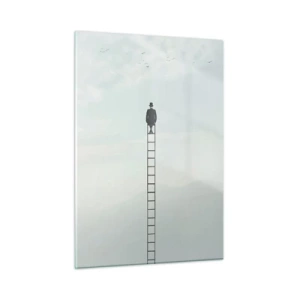 Quadro su vetro - Sagoma di un uomo in cima a una scala tra le nuvole - 50x70cm - Innalzati al di sopra - Decorazione murale moderna per soggiorno e camera da letto ARTTOR