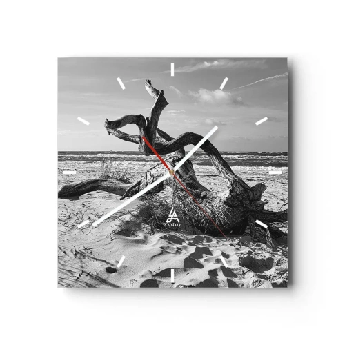 Orologio da parete - Orologio in Vetro - Paesaggio in bianco e nero con un albero morto sulla spiaggia - 30x30cm - Scolpito dal mare - Decorazione murale moderna per soggiorno e camera da letto ARTTOR