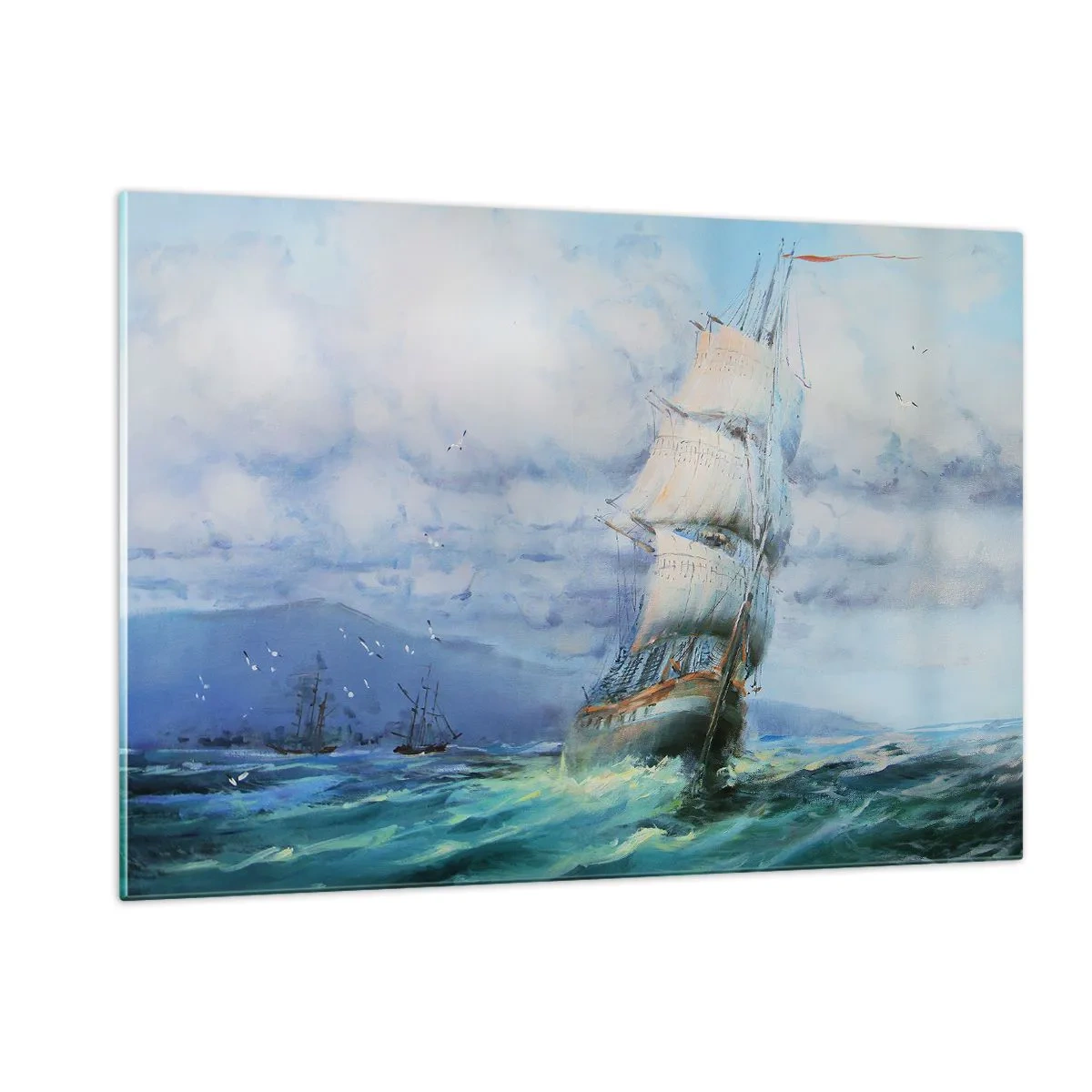 Quadro su vetro - Una nave con le vele che naviga su un mare in tempesta sotto un cielo nuvoloso - 120x80cm - Con il vento in favore - Decorazione murale moderna per soggiorno e camera da letto ARTTOR