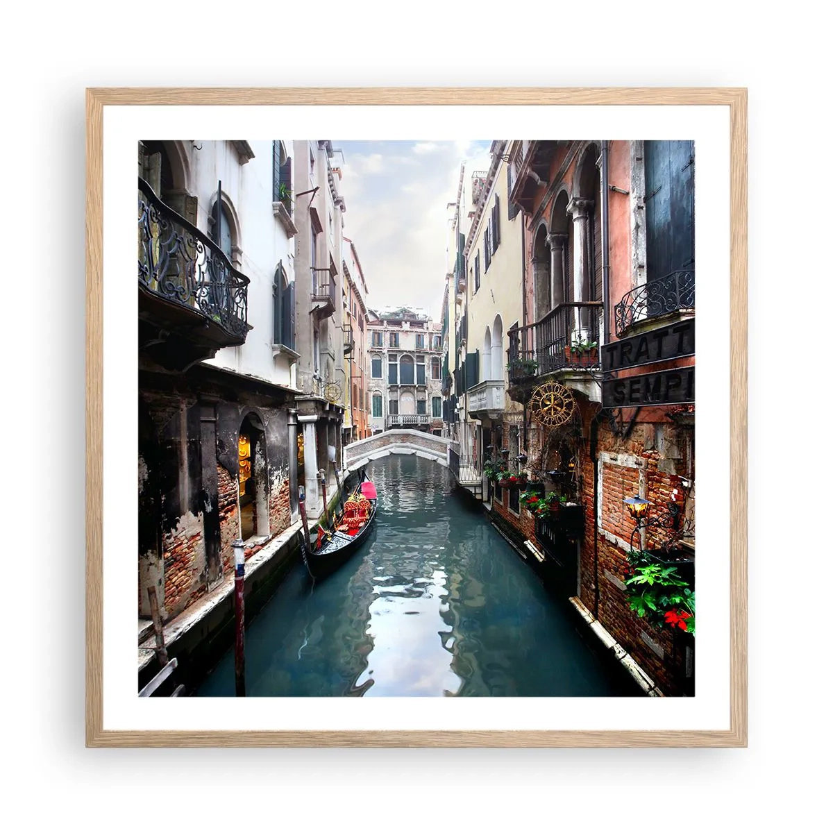 Poster in cornice rovere chiaro - Paesaggio veneziano con gondola e ponte - 60x60 cm