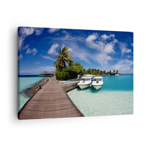 Quadro su tela - Stampe su Tela - Un molo su un mare turchese con barche e palme - 70x50cm - Il paradiso esiste davvero - Decorazione murale moderna per soggiorno e camera da letto ARTTOR