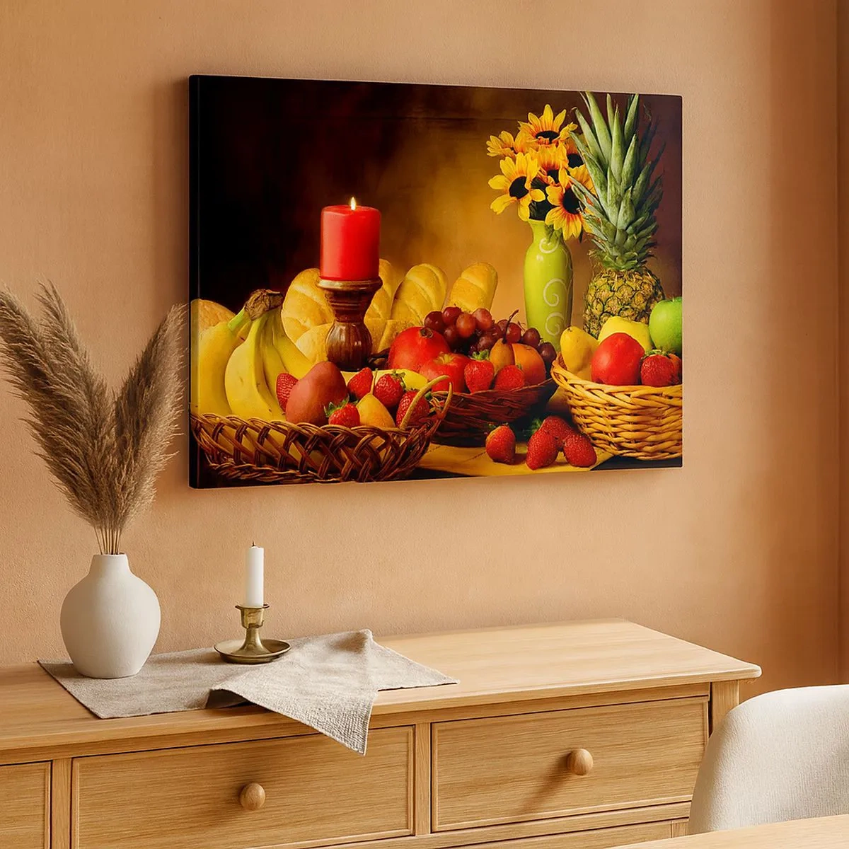 Quadro su tela - Stampe su Tela - Natura morta con frutta, pane, candela e fiori - 70x50cm - Natura morta con pane e frutta - Decorazione murale moderna per soggiorno e camera da letto ARTTOR