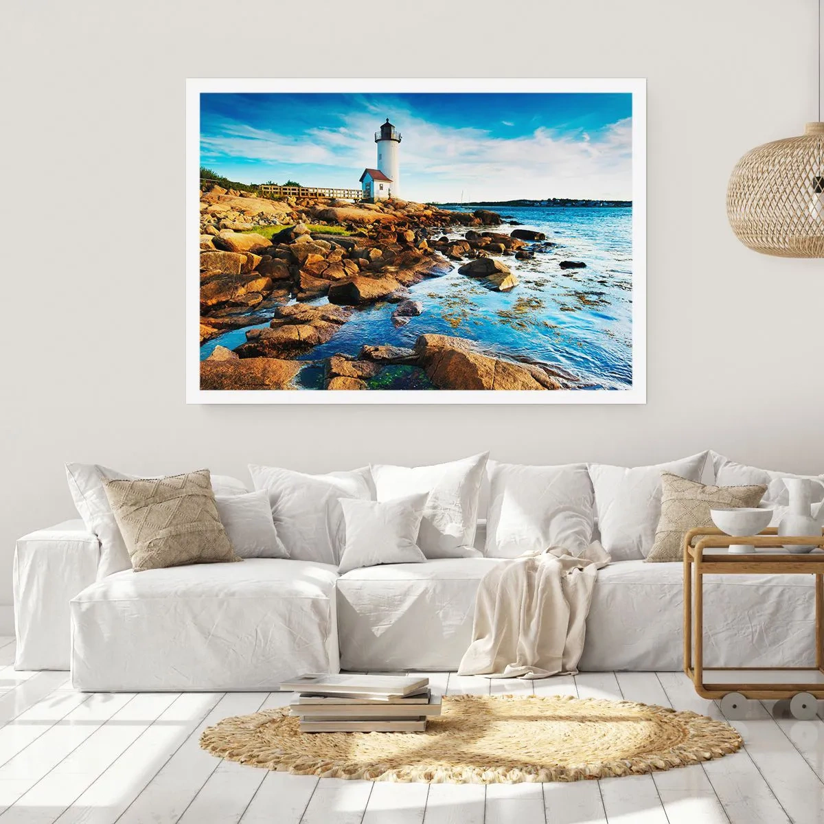 Poster - Un faro su una costa rocciosa in una giornata di sole - 100x70cm - Tornate sani e salvi, vi aspetto - Decorazione murale moderna per soggiorno e camera da letto ARTTOR