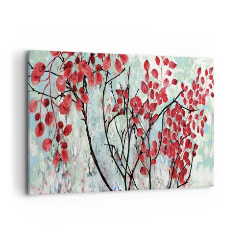 Quadro su tela - Stampe su Tela - Foglie rosse contro un cielo luminoso con motivi astratti - 120x80cm - Albero in scarlatto - Decorazione murale moderna per soggiorno e camera da letto ARTTOR