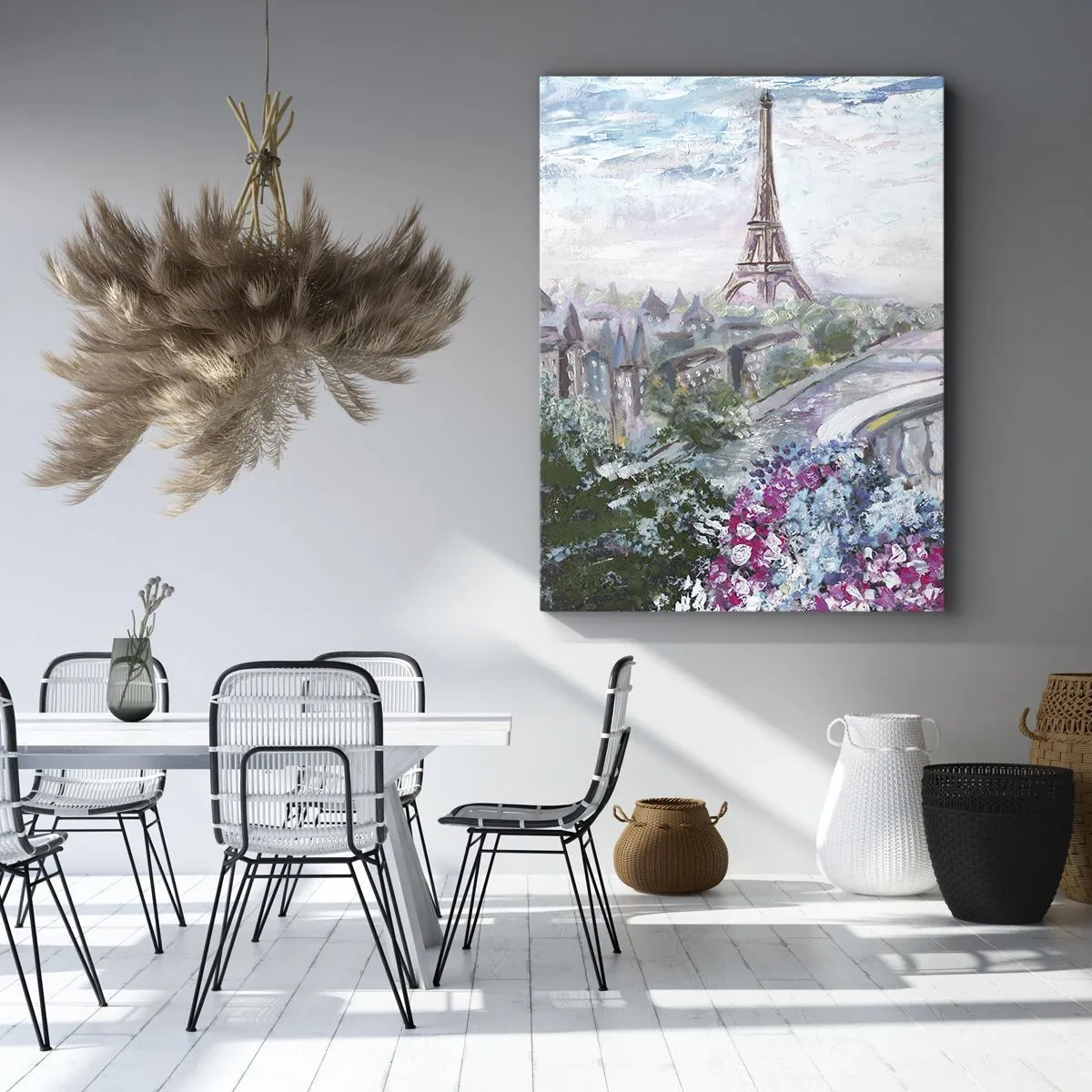 Quadro su tela - Stampe su Tela - Una vista romantica di Parigi con la Torre Eiffel e un balcone pieno di fiori - 50x70cm - Bellissimo qui a maggio - Decorazione murale moderna per soggiorno e camera da letto ARTTOR