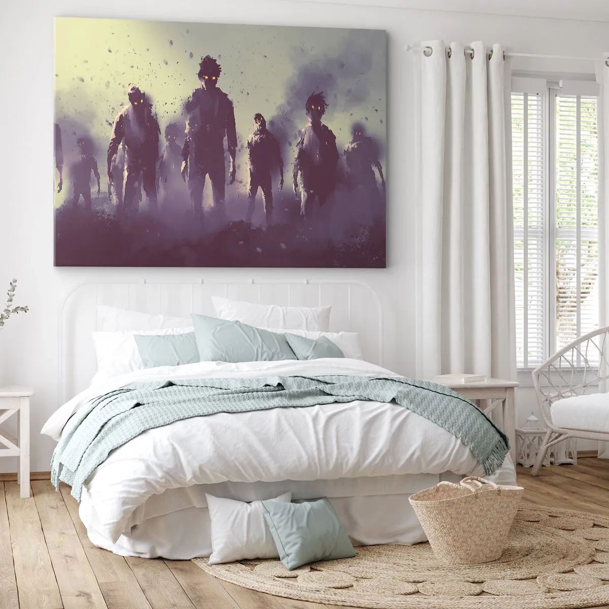 Quadro su tela - Stampe su Tela - Scena scura con sagome con occhi gialli - 70x50cm - Attenzione! Arrivano - Decorazione murale moderna per soggiorno e camera da letto ARTTOR