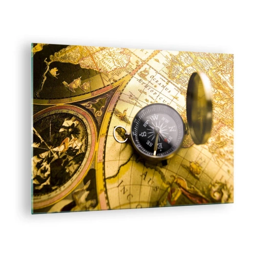 Quadro su vetro - Una mappa dorata con una bussola come accento avventuroso - 70x50cm - Forse all'estremità del mondo? - Decorazione murale moderna per soggiorno e camera da letto ARTTOR