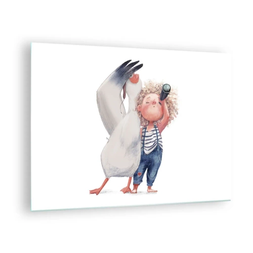 Quadro su vetro - Bambino con binocolo e cicogna in uno stile di illustrazione divertente - 70x50cm - Il progetto di un grande viaggio - Decorazione murale moderna per soggiorno e camera da letto ARTTOR