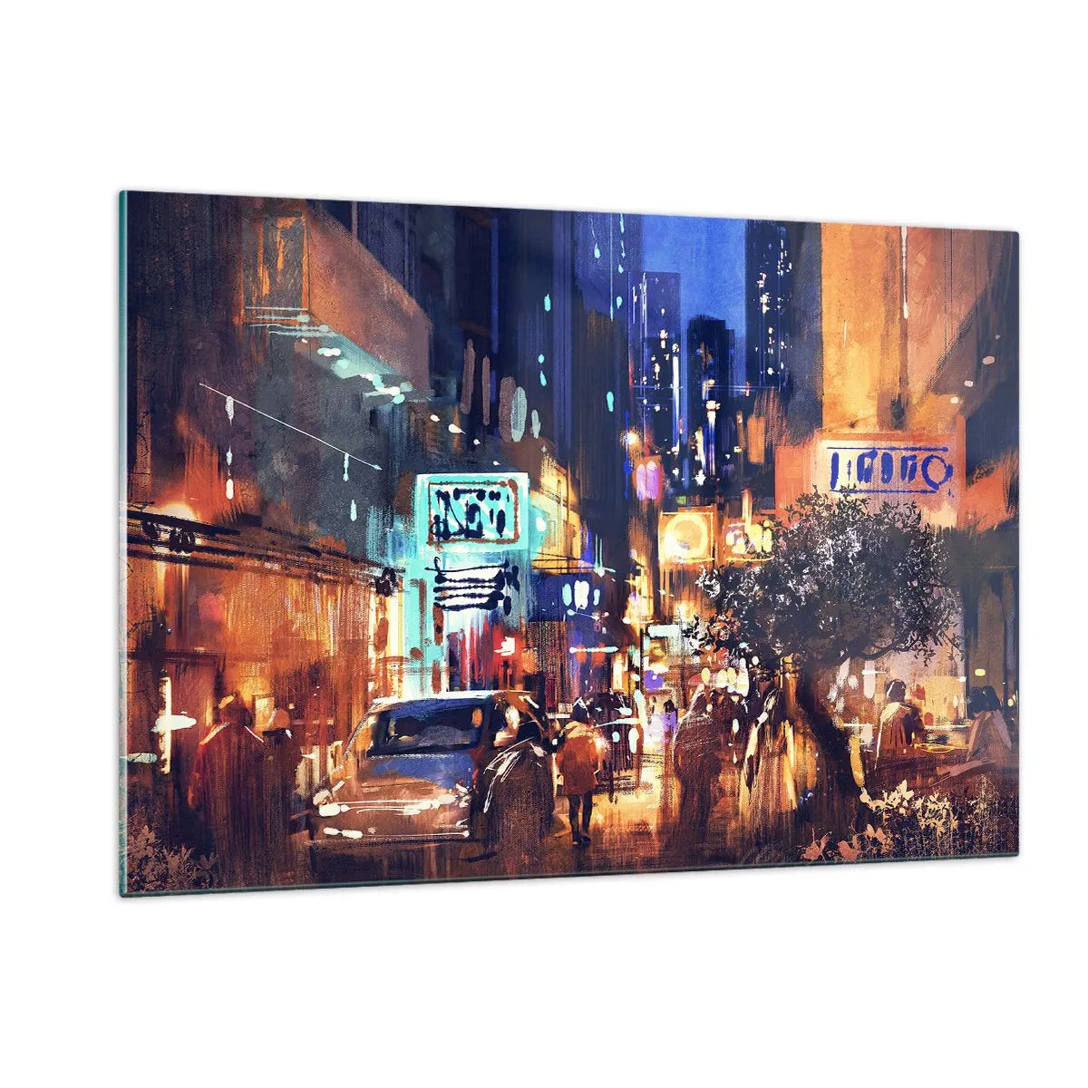 Quadro su vetro - Pittoresca scena notturna della città con luci al neon e traffico stradale - 120x80cm - Ma la città non dorme - Decorazione murale moderna per soggiorno e camera da letto ARTTOR