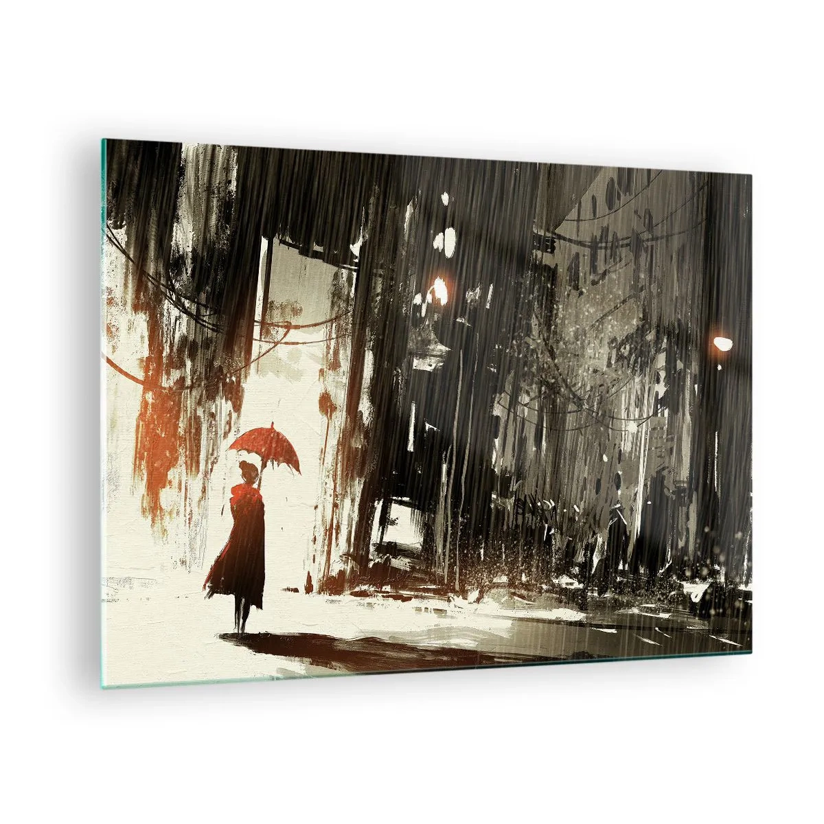 Quadro su vetro - Una persona con un ombrello rosso sotto la pioggia su uno sfondo urbano scuro. - 70x50cm - La poesia dell'ombrello rosso - Decorazione murale moderna per soggiorno e camera da letto ARTTOR