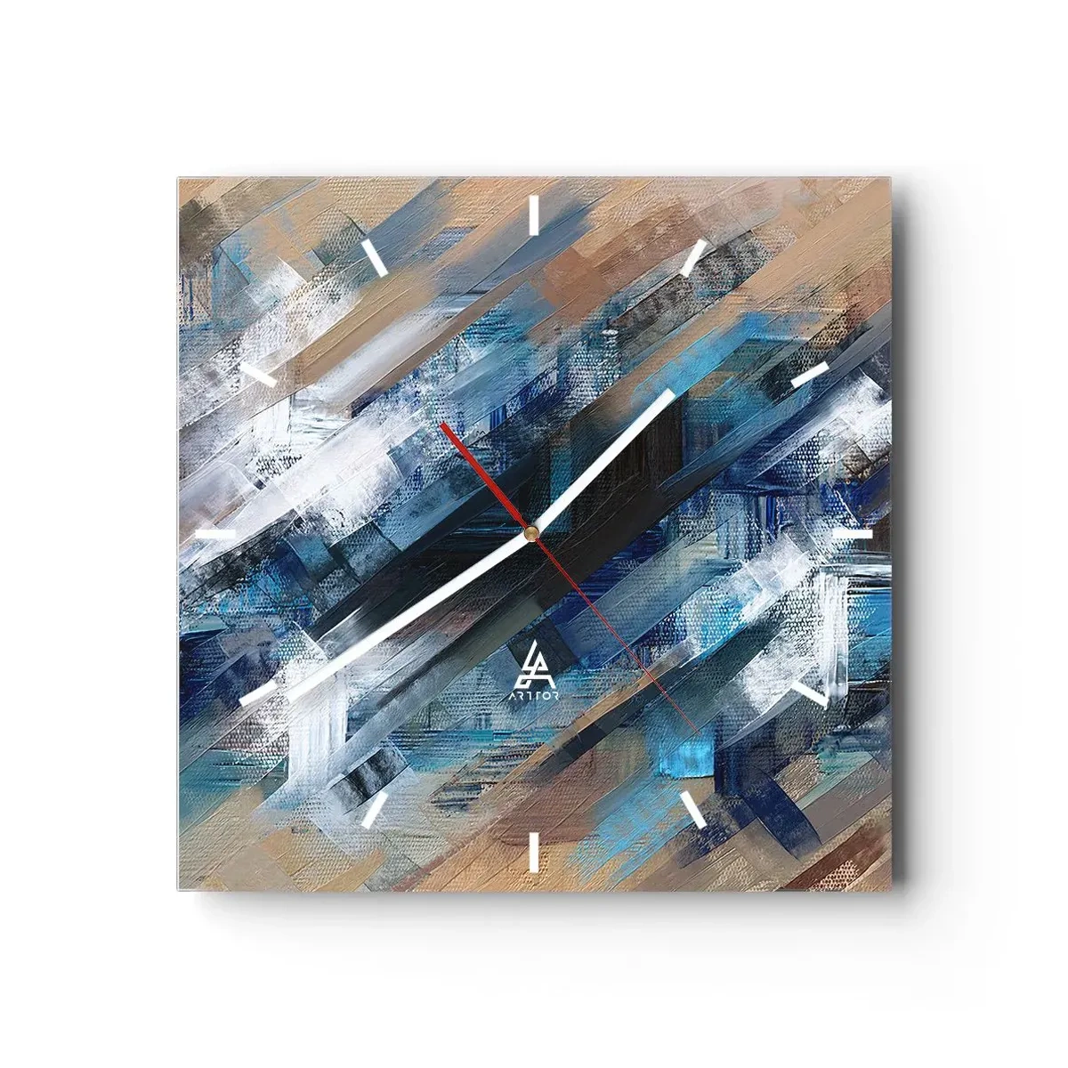 Orologio da parete - Orologio in Vetro - Composizione astratta con linee diagonali blu - 30x30cm - Sulla diagonale blu - Decorazione murale moderna per soggiorno e camera da letto ARTTOR