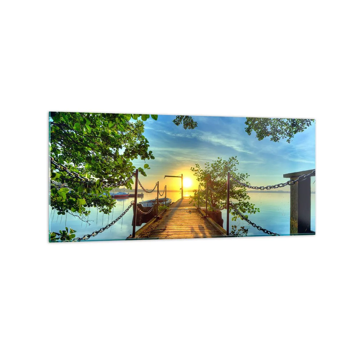 Quadro su vetro - Un molo sul lago sotto i raggi del tramonto - 120x50cm - Tramonto sul lago - Decorazione murale moderna per soggiorno e camera da letto ARTTOR