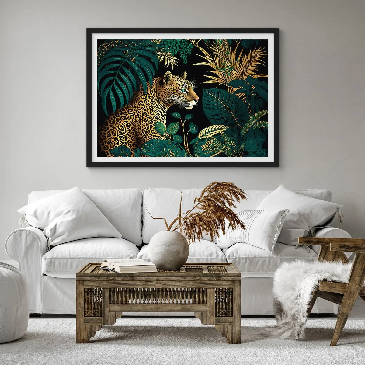 Poster in cornice nera - Leopardo tra foglie tropicali su sfondo nero - 70x50cm - Il signore della giungla - Decorazione murale moderna per soggiorno e camera da letto ARTTOR
