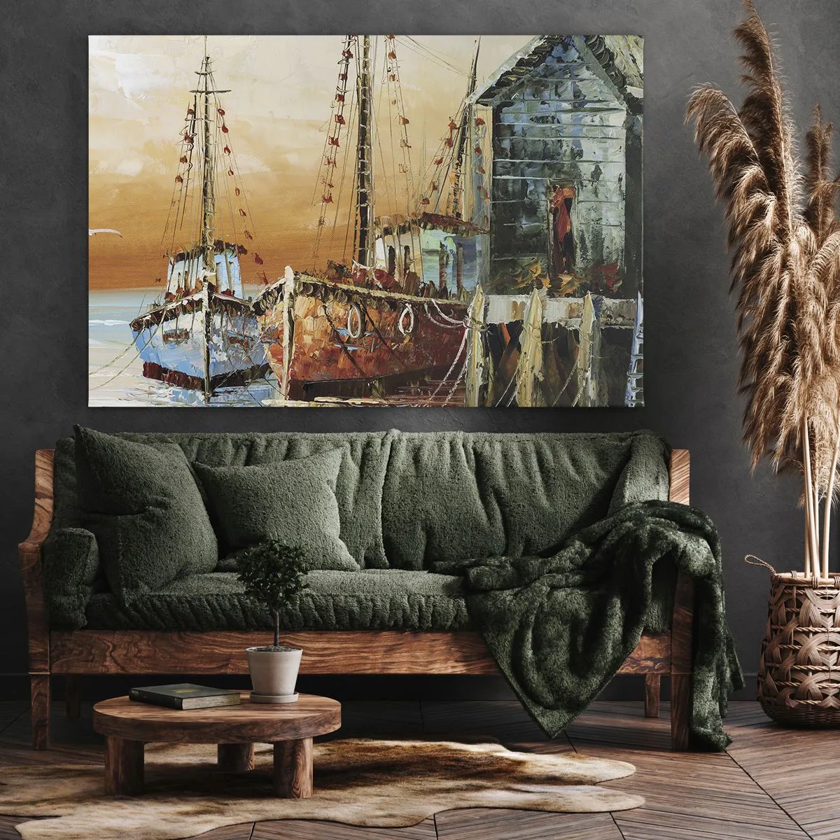 Quadro su tela - Stampe su Tela - Barche sulla riva nella calda luce del tramonto - 120x80cm - Ritorno tranquillo - Decorazione murale moderna per soggiorno e camera da letto ARTTOR