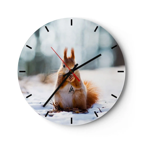 Orologio da parete - Orologio in Vetro - Uno scoiattolo nella neve in un paesaggio invernale - 30x30cm - Che cosa guardi? - Decorazione murale moderna per soggiorno, cucina e camera da letto ARTTOR