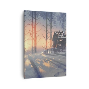 Quadro su tela - Stampe su Tela - Una casetta nel bosco in un paesaggio invernale con i raggi del sole al tramonto - 70x100cm - Qui solamente il sole osserva - Decorazione murale moderna per soggiorno e camera da letto ARTTOR