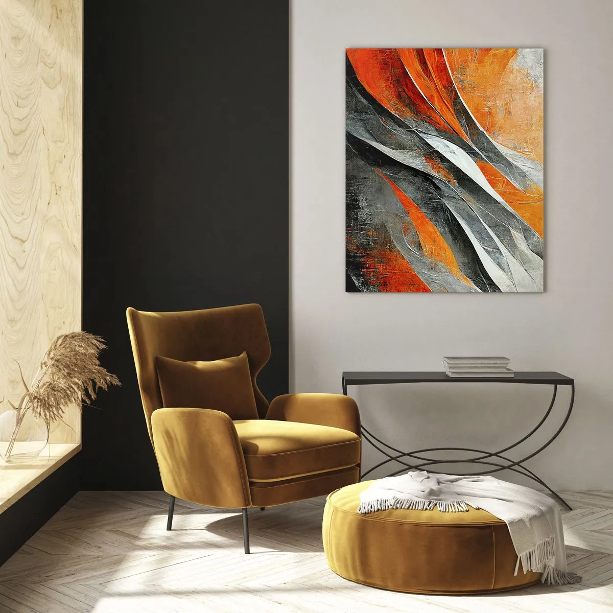 Quadro su vetro - Striature astratte nelle tonalità dell'arancione e del grigio - 50x70cm - Caldo e freddo - Decorazione murale moderna per soggiorno e camera da letto ARTTOR