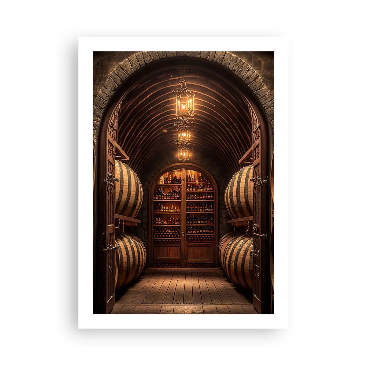 Poster - Elegante cantina con botti di legno - 50x70cm - L'atmosfera della cantina - Decorazione murale moderna per soggiorno e camera da letto ARTTOR