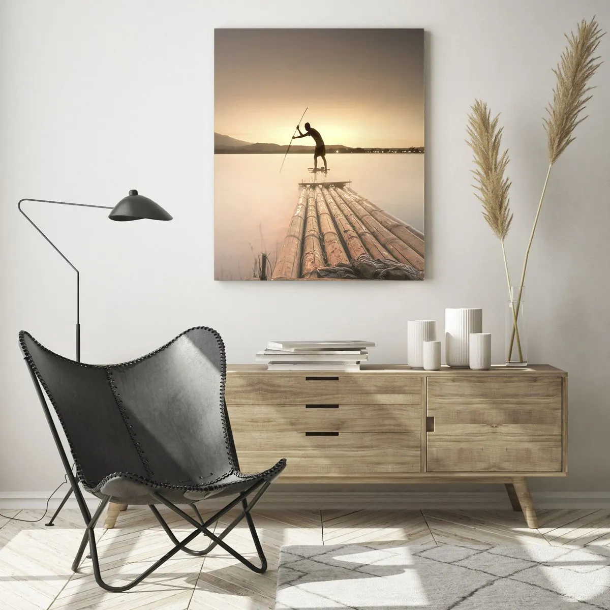 Quadro su vetro - Uomo su una zattera al tramonto - 70x100cm - Prima del riposo - Decorazione murale moderna per soggiorno e camera da letto ARTTOR