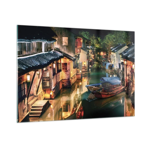 Quadro su vetro - Strada cinese di notte con barche e luci lungo il canale - 100x70cm - Sera in una via cinese - Decorazione murale moderna per soggiorno e camera da letto ARTTOR