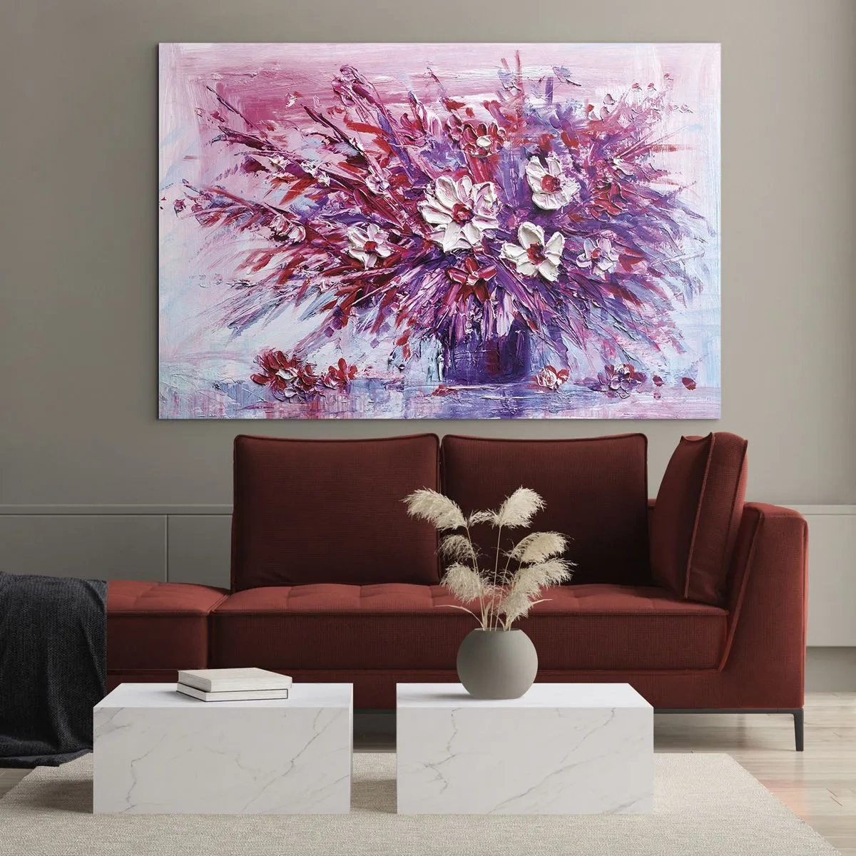 Quadro su vetro - Un mazzo di fiori nei toni del rosa e del viola - 100x70cm - Innocenza e passione - Decorazione murale moderna per soggiorno e camera da letto ARTTOR