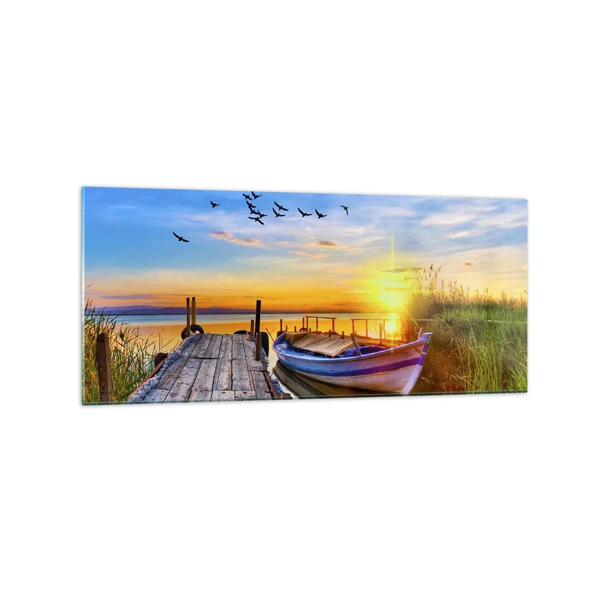 Quadro su vetro - Una barca su un molo di legno al tramonto - 120x50cm - A domani - Decorazione murale moderna per soggiorno e camera da letto ARTTOR