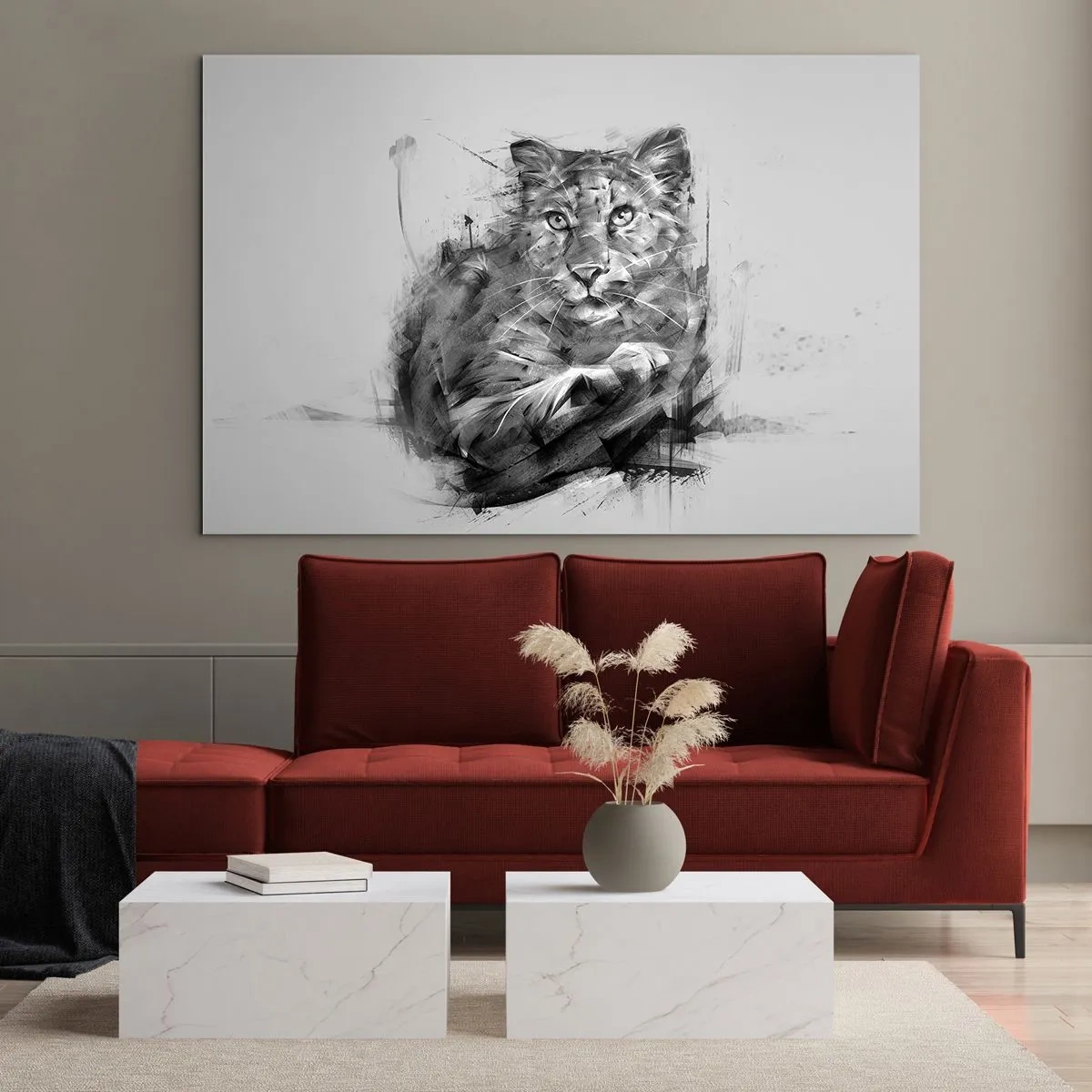 Quadro su vetro - Un disegno di una tigre in stile monocromatico su uno sfondo chiaro - 120x80cm - Si, ascolto attentamente - Decorazione murale moderna per soggiorno e camera da letto ARTTOR
