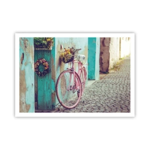 Poster - Una bicicletta rosa vicino a una porta turchese - 100x70cm - Torno subito - Decorazione murale moderna per soggiorno e camera da letto ARTTOR