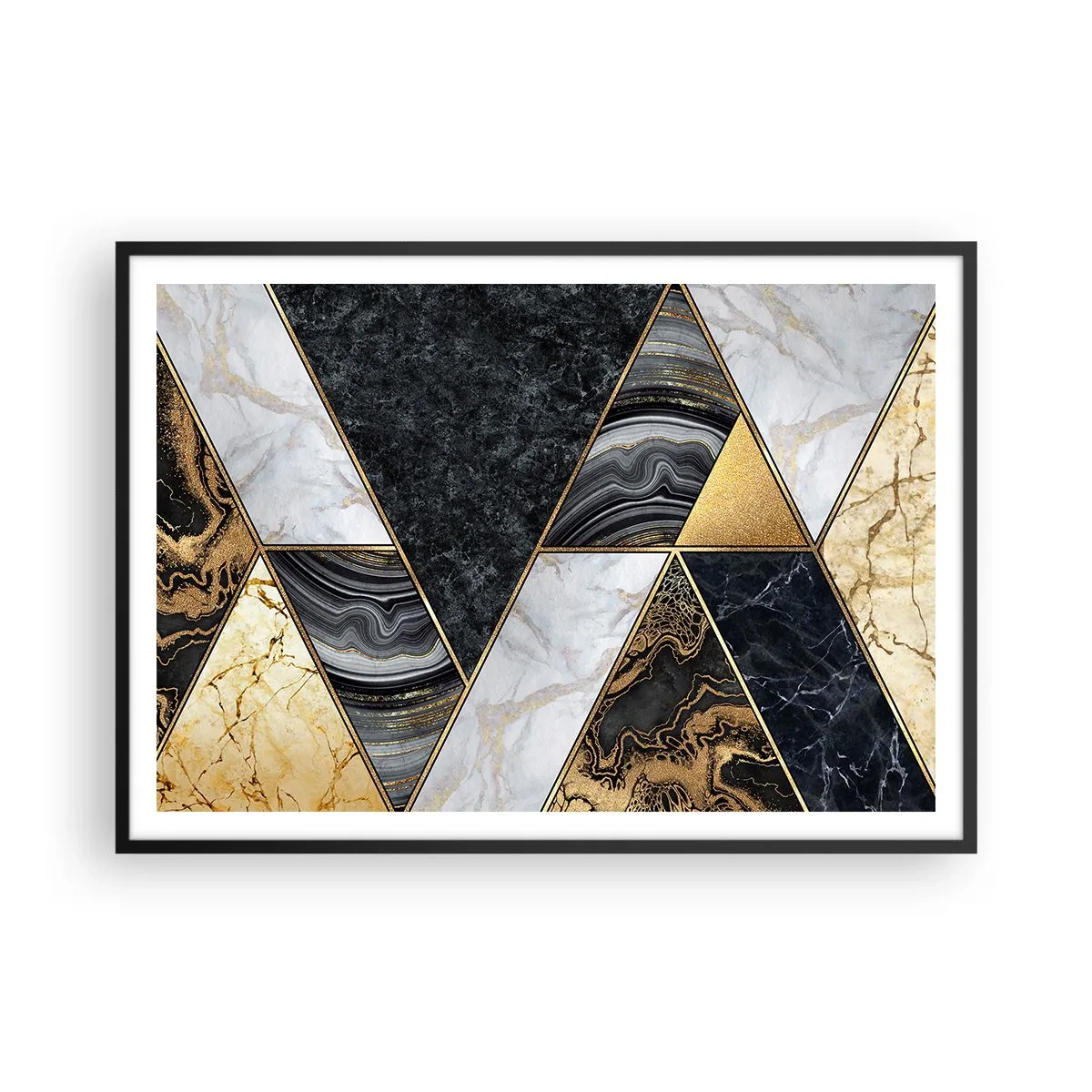 Poster in cornice nera - Triangoli geometrici in oro, marmo e tonalità scure - 100x70cm - Pietra su pietra - Decorazione murale moderna per soggiorno e camera da letto ARTTOR